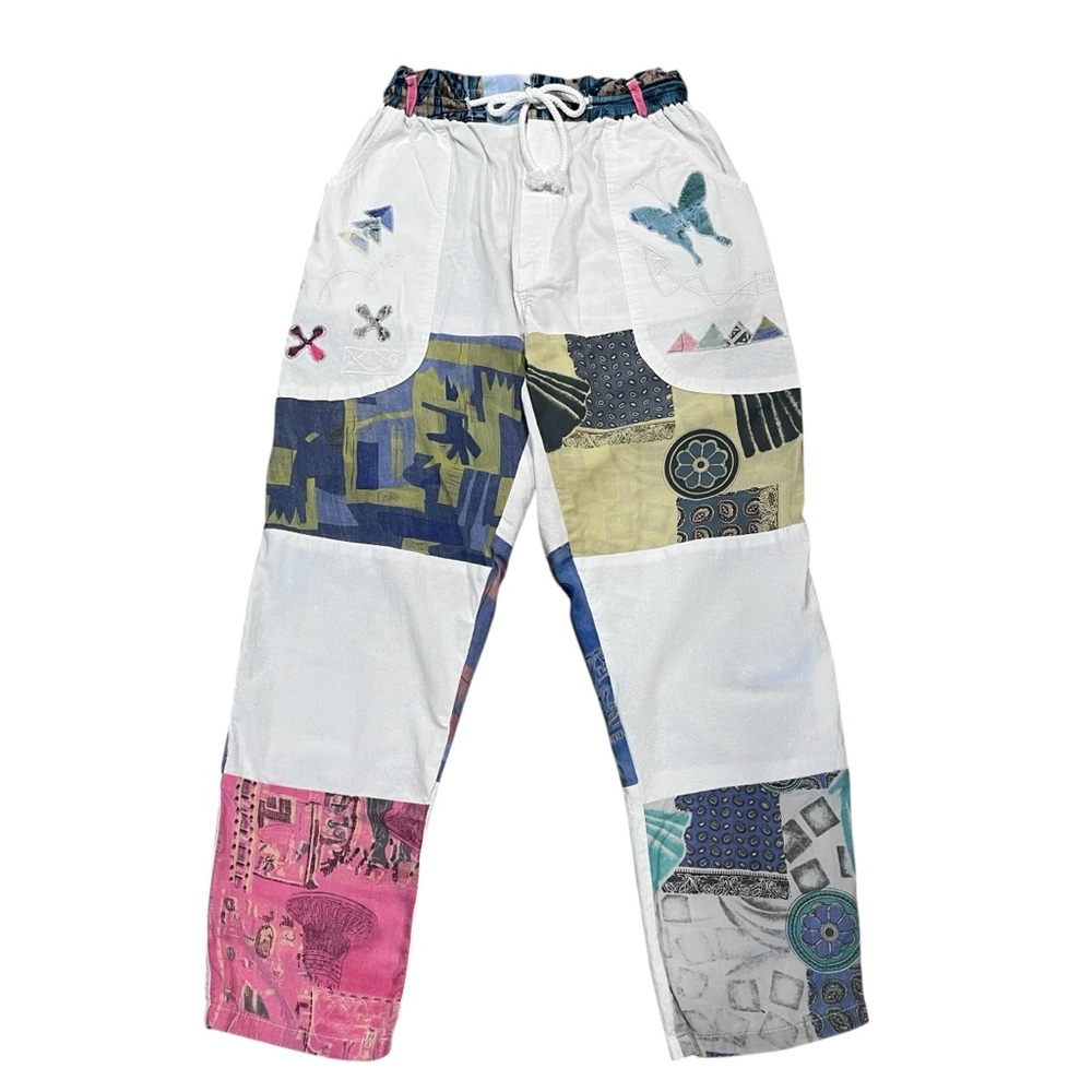 White Boho Patchwork Pants Drawstring Hippie Fest… - image 1
